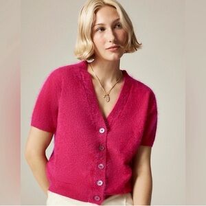 J.Crew Brushed cashmere short-sleeve cardigan Crimson Rouge Sz Small